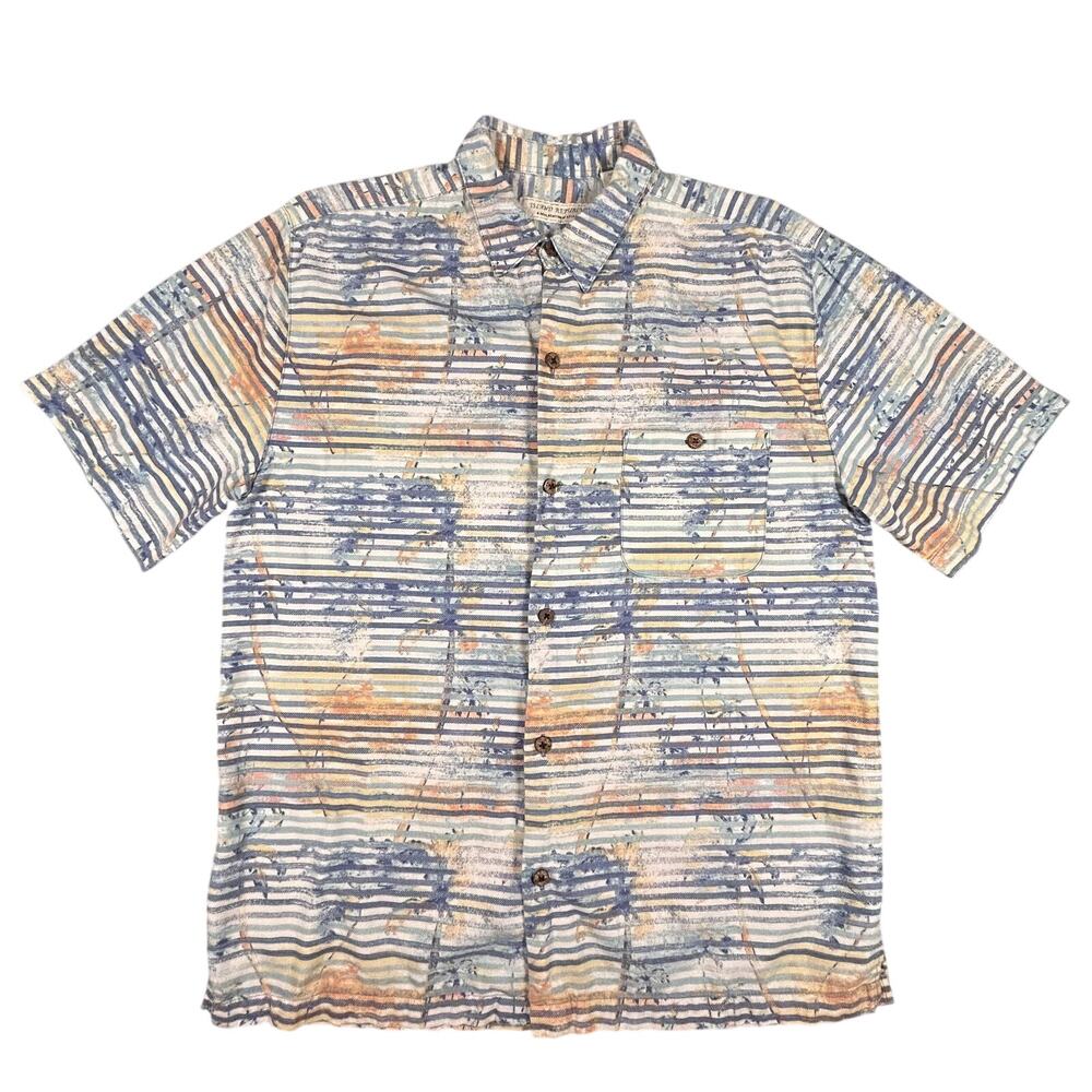 Island‎ Republic Shirt Mens Large Blue Orange Striped Palm Tree Button Up Summer